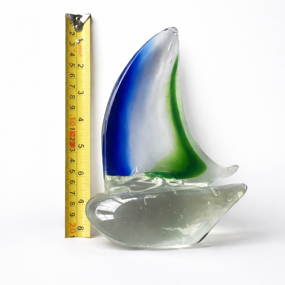 Murano Style Art Glass Sailboat Blue Green Hand Blown Coastal Nautical Decor 8" - Picture 5 of 7